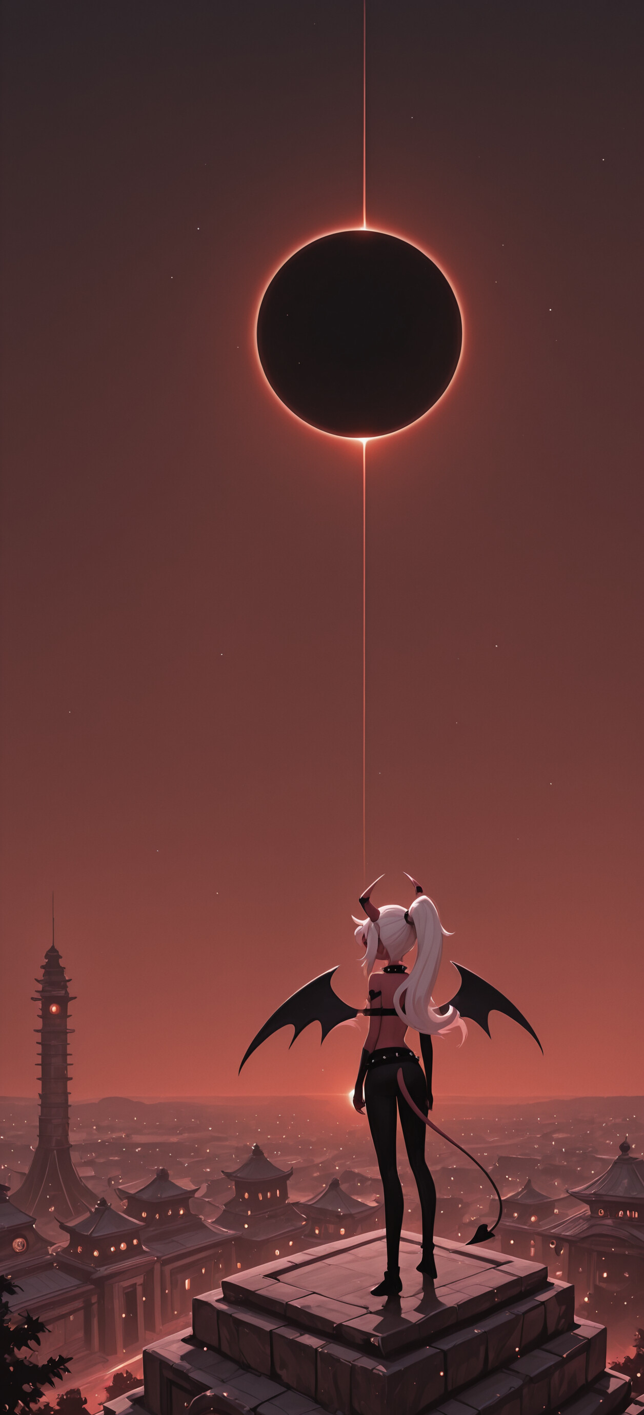 Uzun beyaz saçları, boynuzları ve kanatları olan, şeytani bir karakter olan Verosika Mayday, tam güneş tutulması altında, yüksek bir pagodanın bulunduğu cehennemsi bir manzaraya bakarak bir dağ zirvesinde duruyor.