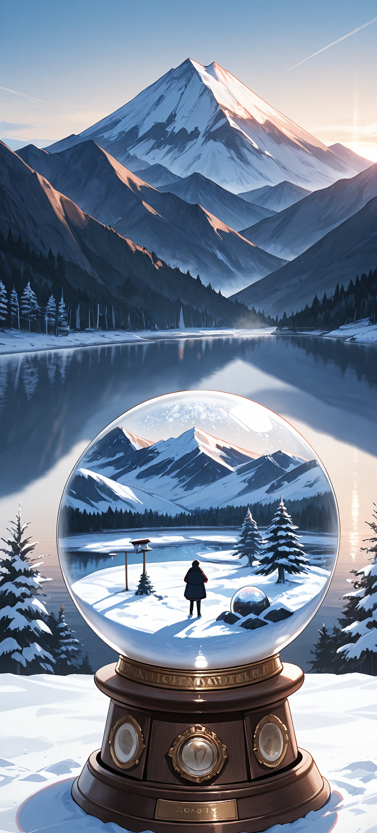 İçinde küçük bir kulübe ve ağaçlardan oluşan minyatür bir kış manzarası bulunan, karla kaplı bir dağ silsilesi ve gün doğumunda sakin bir göl gibi gerçek bir ortamın fonunda yer alan cam bir kar küresi.