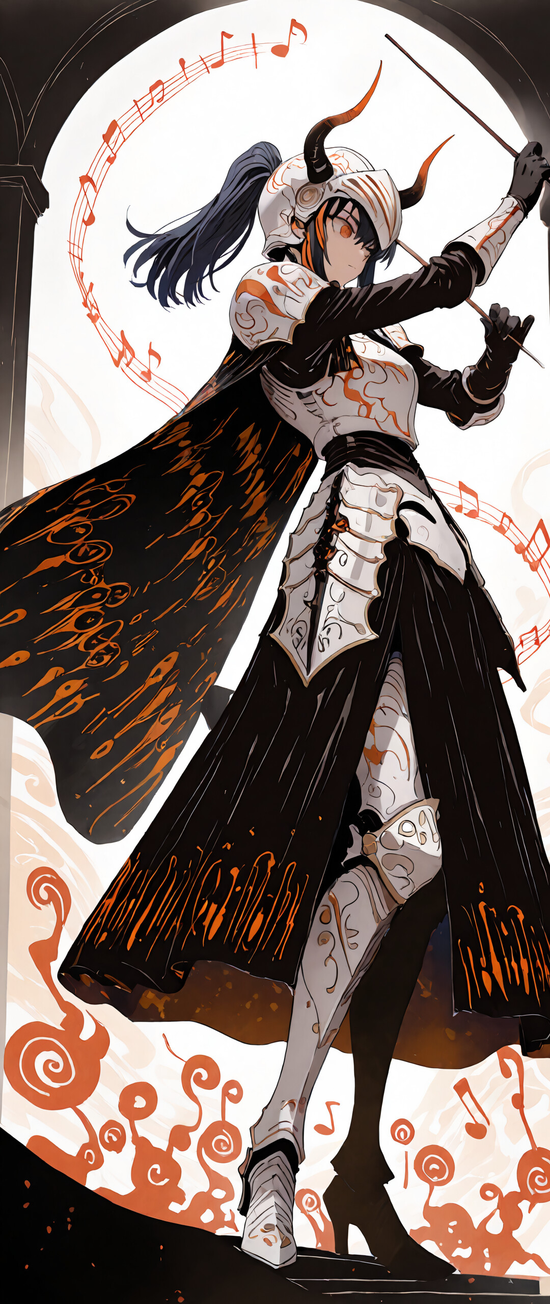 Yaneko Uta karakterinin, şövalye tarzı bir orkestra şefi olarak çizilmiş anime tarzı bir illüstrasyonu. Üzerinde gösterişli beyaz ve gümüş zırh, siyah bir pelerin ve boynuzlu bir miğfer bulunuyor. Elinde iki adet orkestra şefi baton tutuyor ve parıldayan turuncu müzik notlarından oluşan bir girdabın ortasında duruyor.